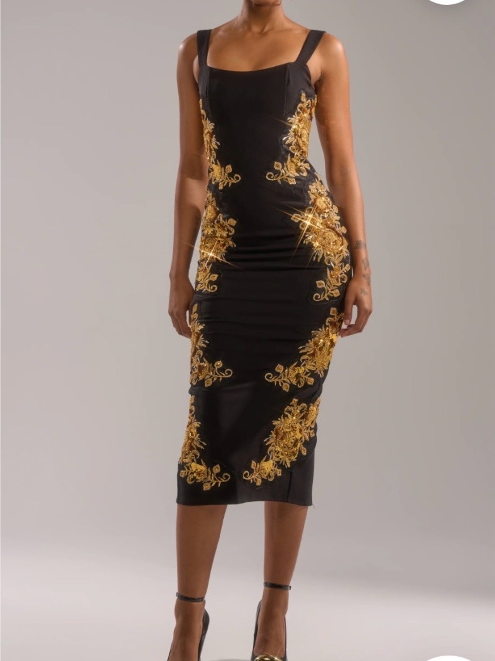 AKIRA Black Midi Dress with Gold Floral Embroidery